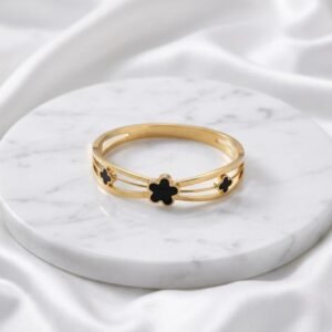 Gold Black Flower Open Cuff Bracelet – Dainty Enamel Floral Bangle for Women