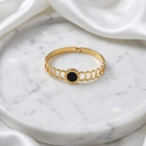 Gold Black Moon Chain Bangle – Dainty Enamel Crescent Cuff Bracelet for Women